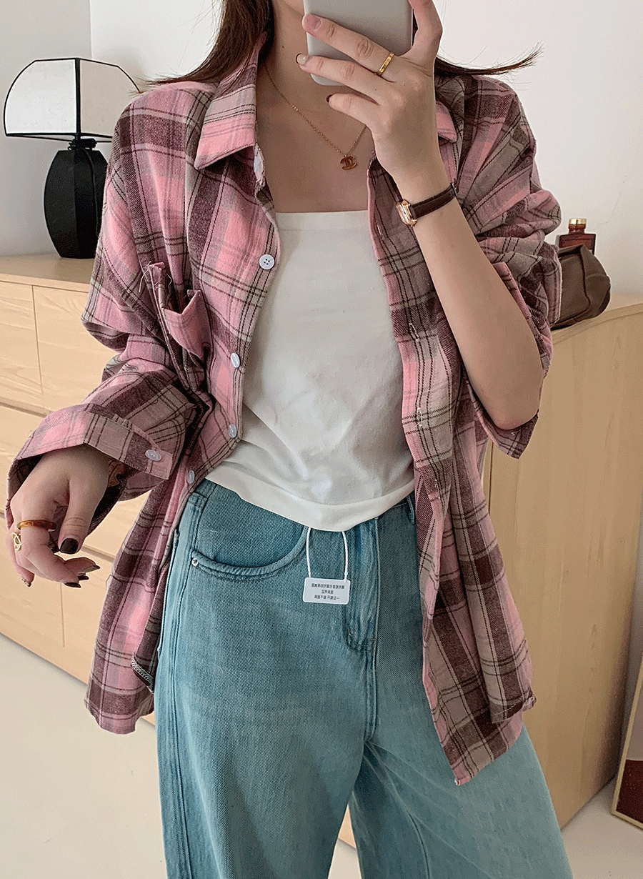 [여름신상/캐주얼] 에번즈 핑크 체크 루즈핏 셔츠