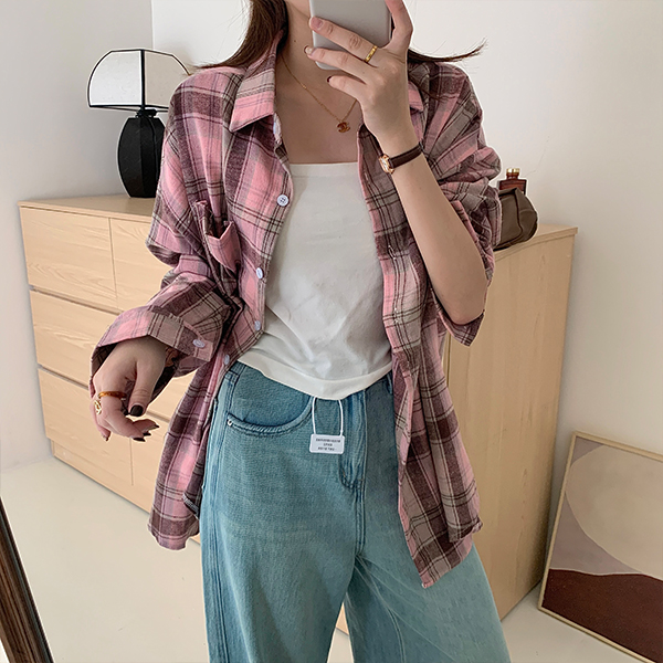 [봄신상/캐주얼] 에번즈 핑크 체크 루즈핏 셔츠